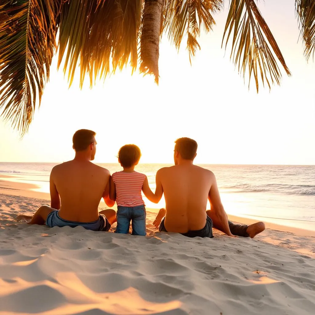 Family Relaxing on Sandy Beach by Ocean