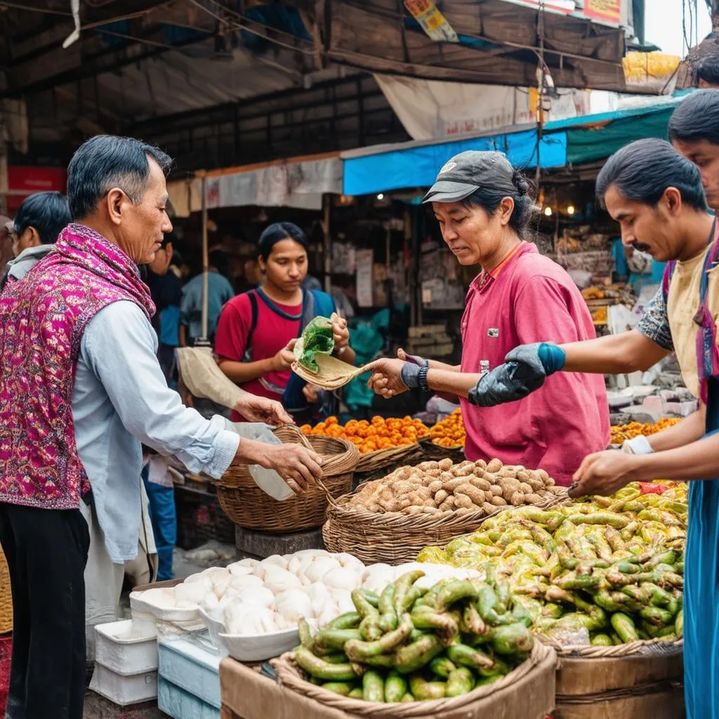 Image of travelers interacting respectfully with locals in a foreign market