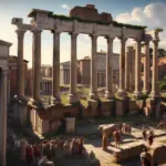 Ancient Roman Forum with a speaker addressing a crowd