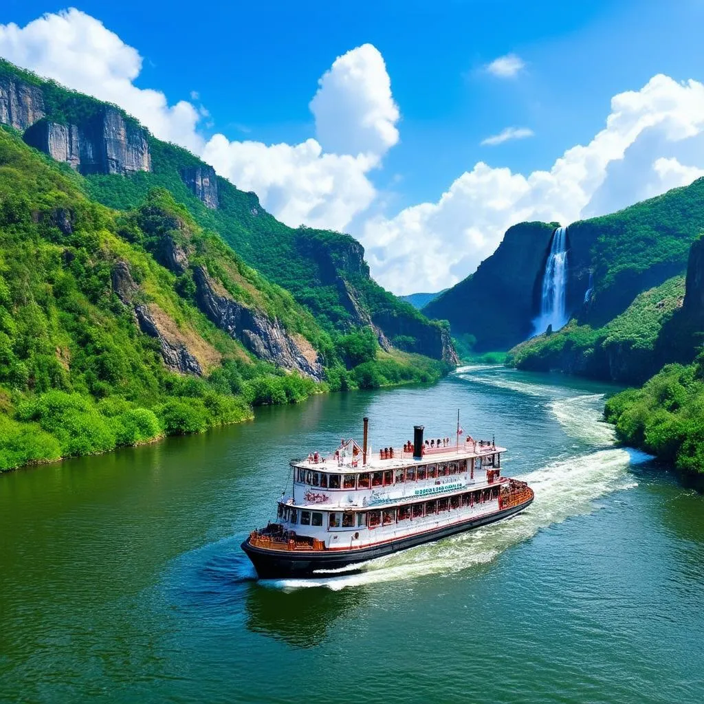 River Steamer Passing Mountains