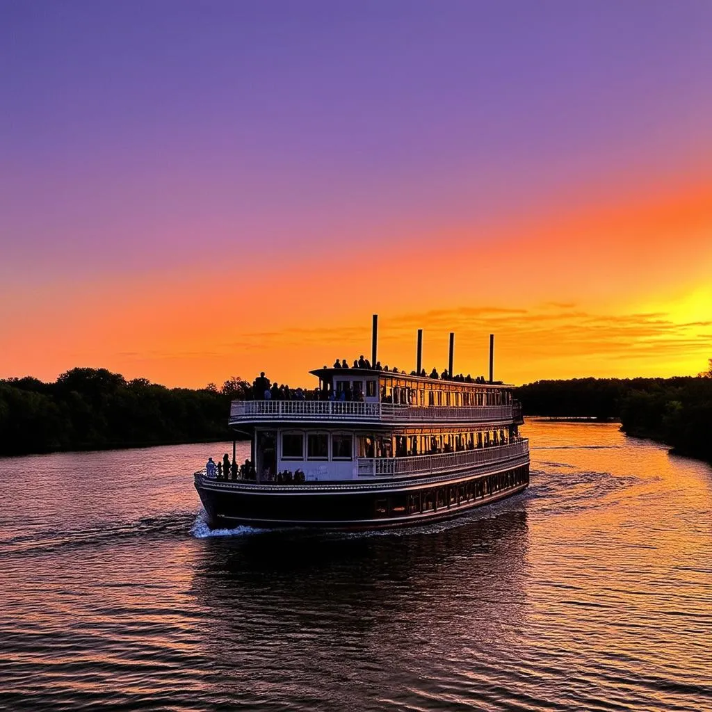 Sunset over a riverboat on the Mississippi River