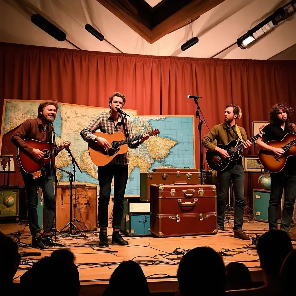 A band playing on stage with vintage luggage and maps as decoration, road trip vibes