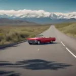 Red convertible driving down an open road towards mountains