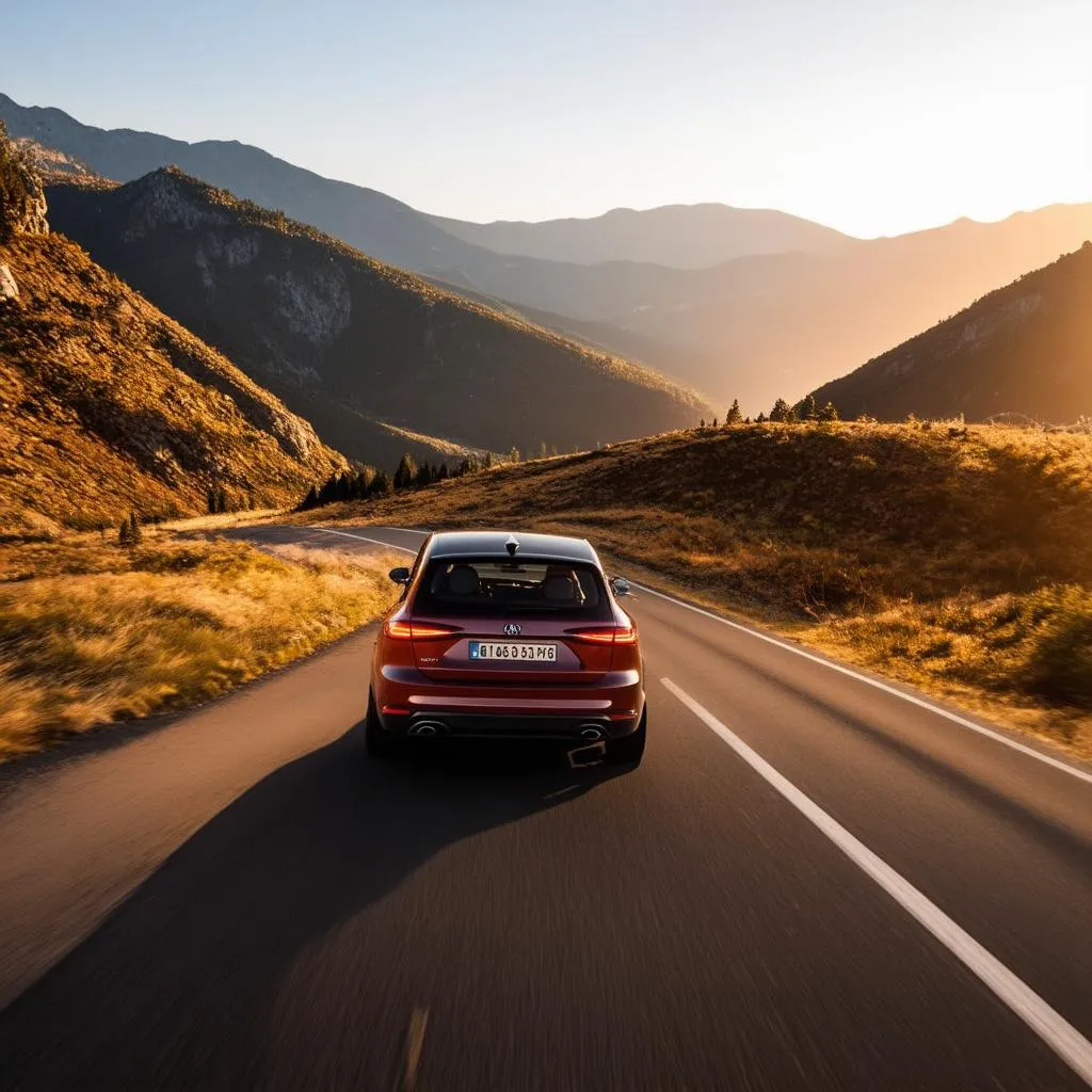 A sleek car drives along a winding mountain road, offering breathtaking views of a valley below.