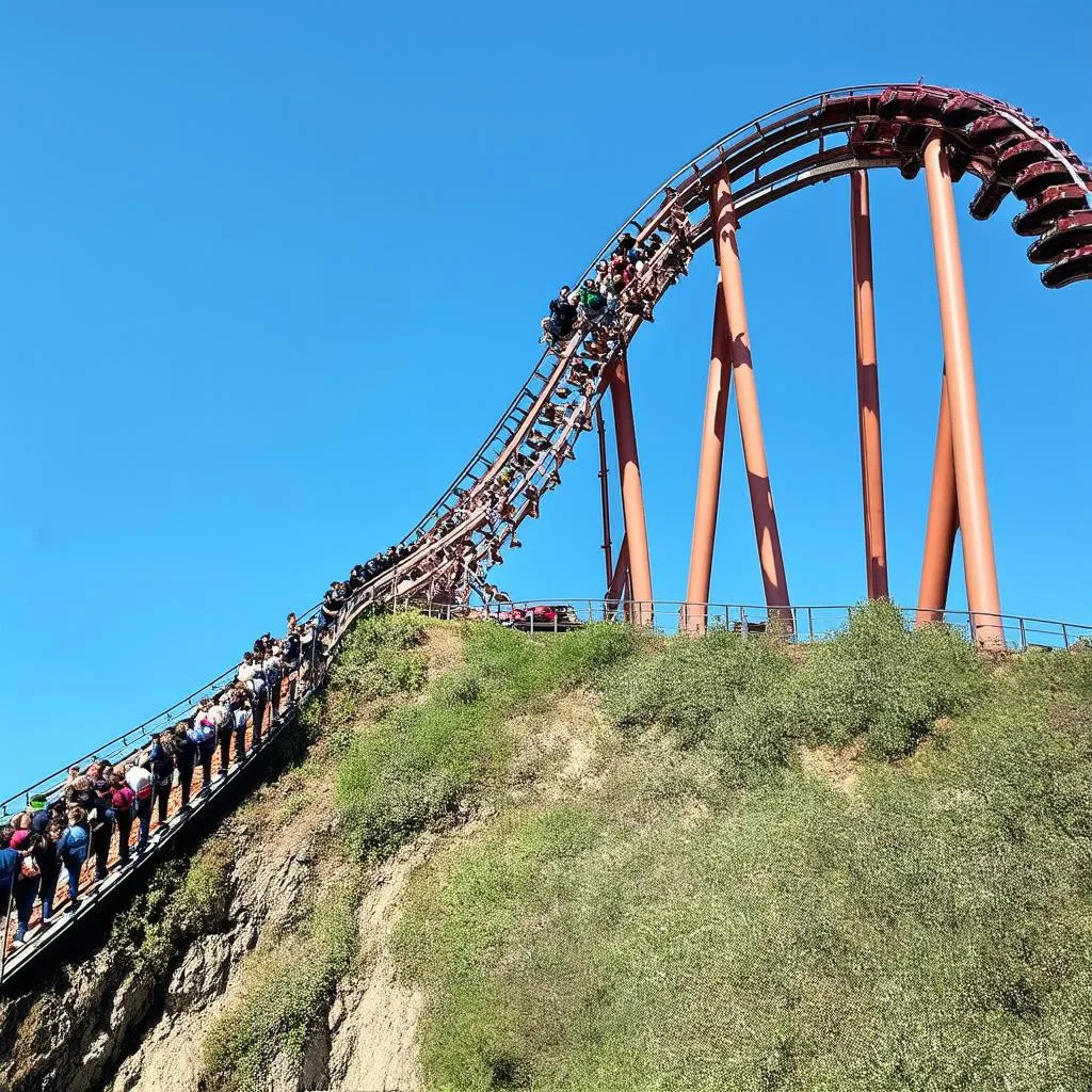 Roller coaster slowly ascending a hill