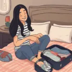 Woman neatly rolling clothes for travel