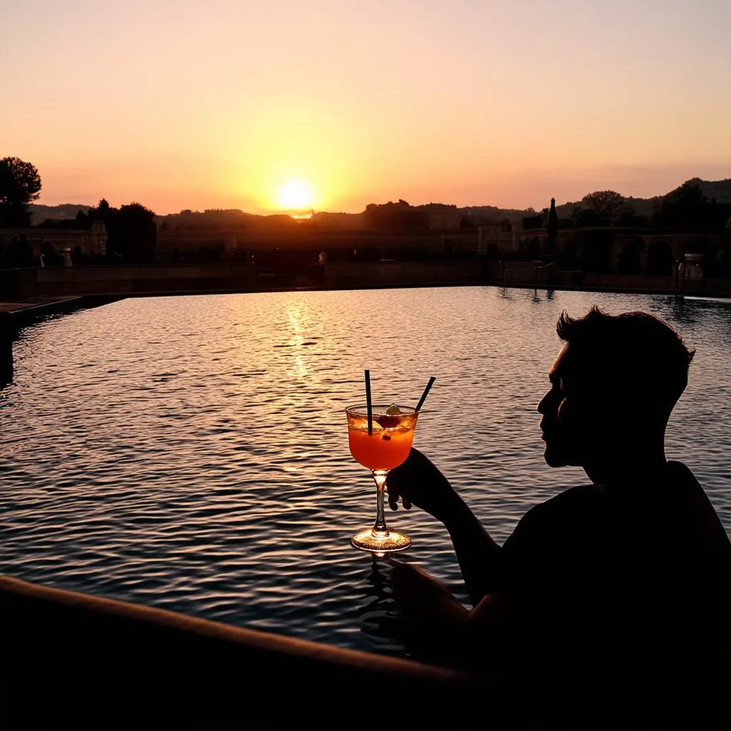 Roman Baths at sunset with a cocktail