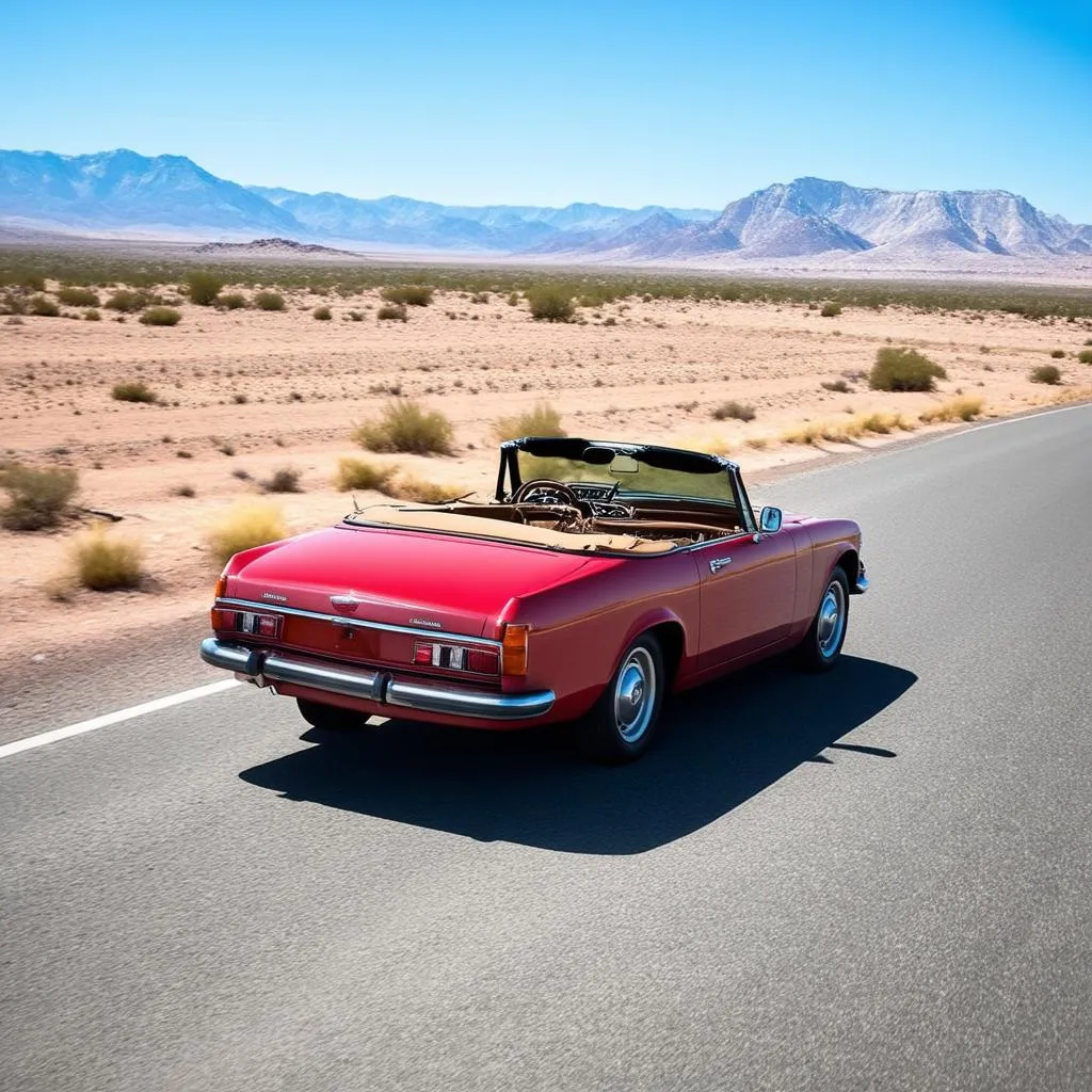 A vintage car cruising on a desert highway