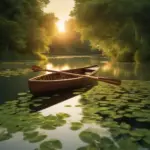 A wooden rowboat glides peacefully down a calm river, surrounded by lush greenery.