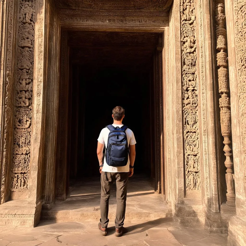 Russian Traveler Exploring Ancient Temple