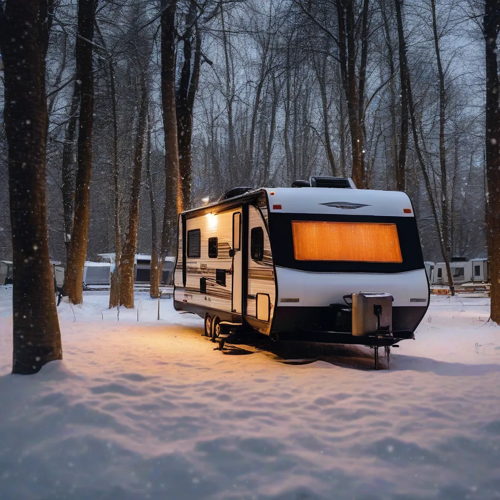 RV Travel Trailer Parked in the Snow