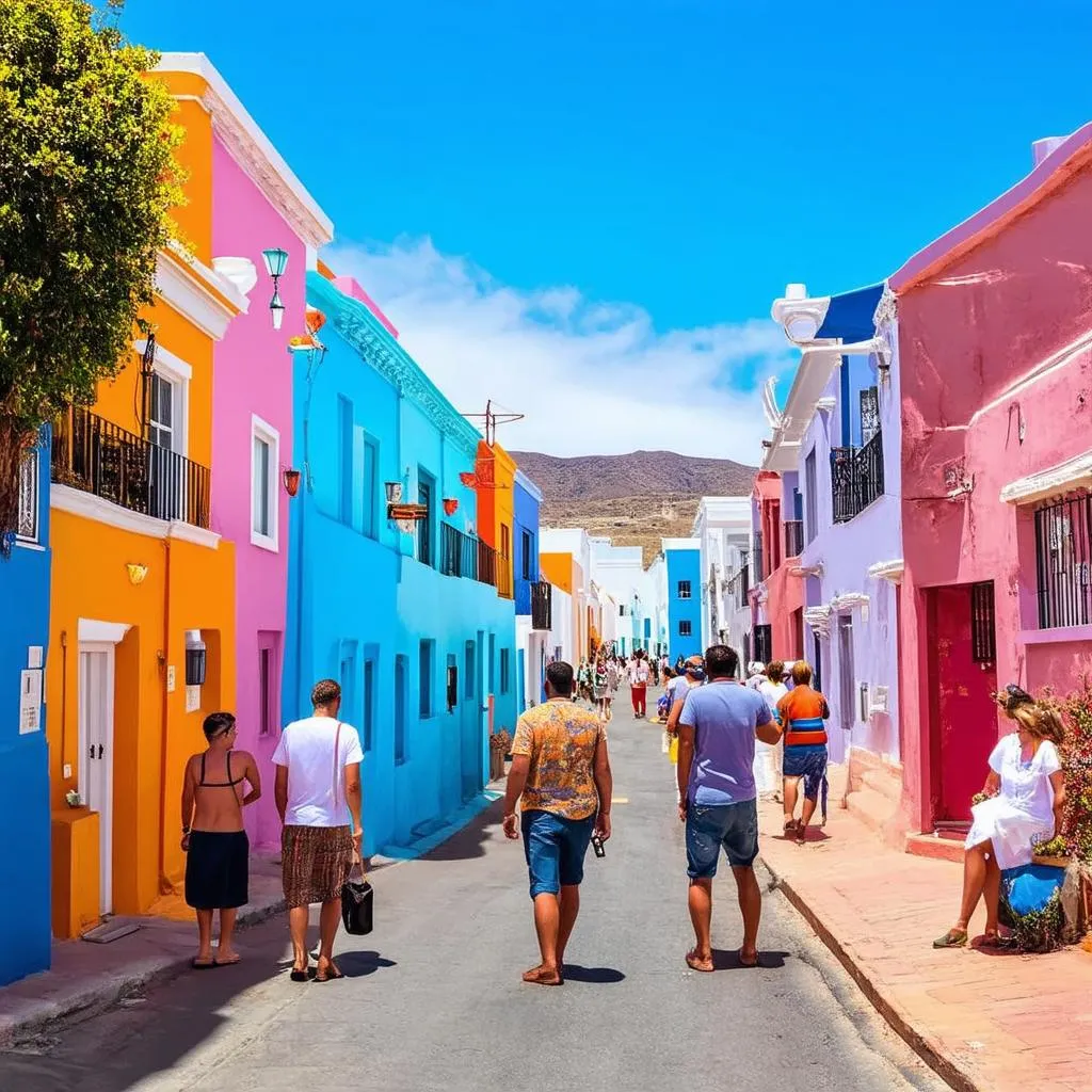 Tourists strolling down a colorful street in the Bo-Kaap district