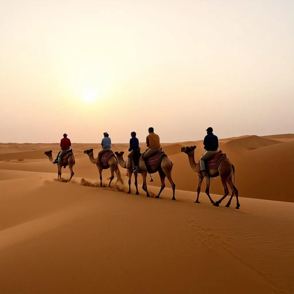 Tourists enjoying a camel ride in the Sahara Desert