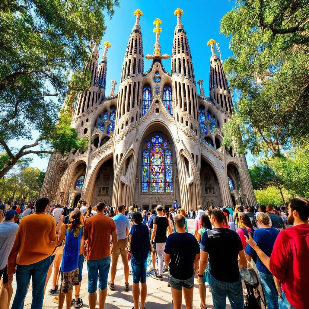 Tourists looking up at Sagrada Familia