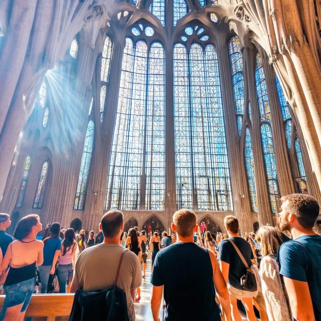 Tourists looking upwards in awe inside the Sagrada Familia