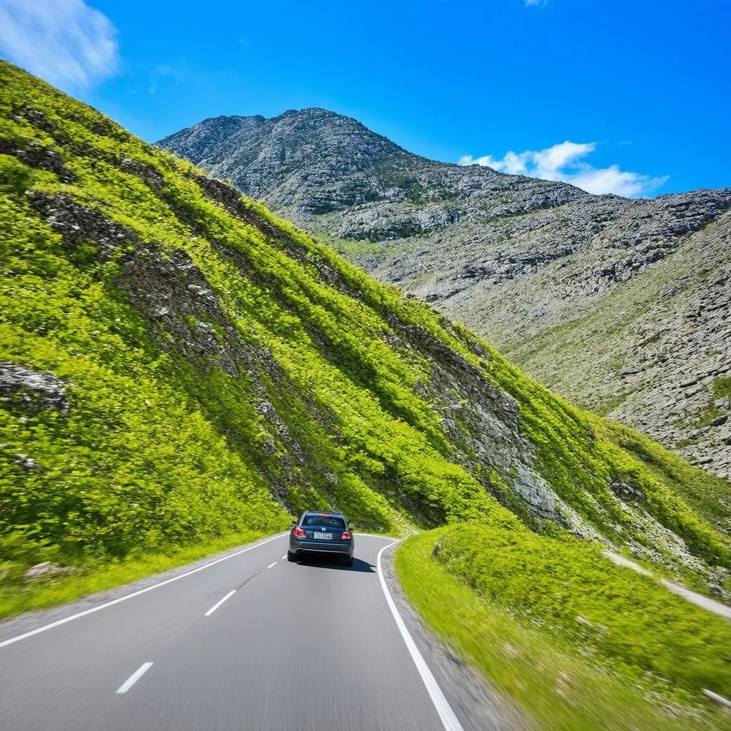 A scenic mountain road with a car driving on it