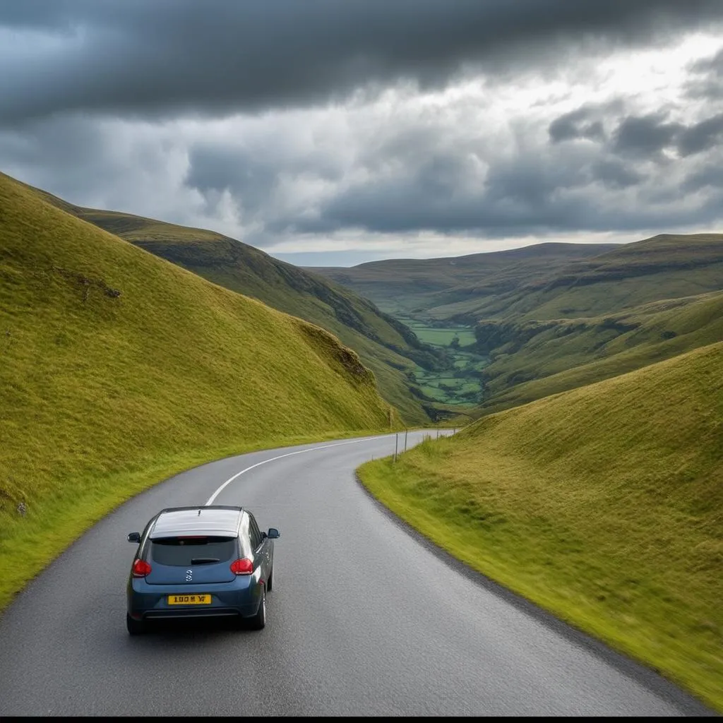 Car Driving on a Winding Road in the Scottish Highlands