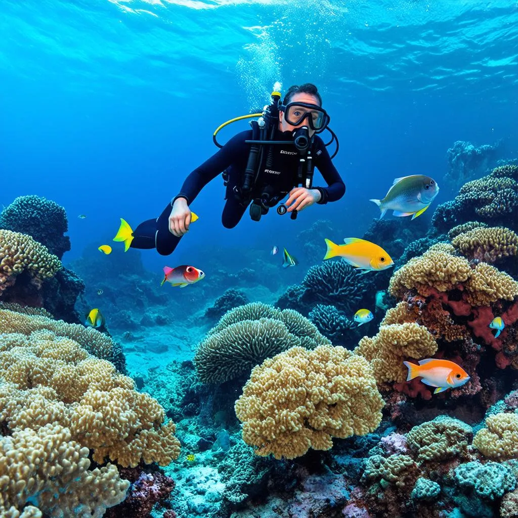 Scuba Diver Exploring Coral Reef