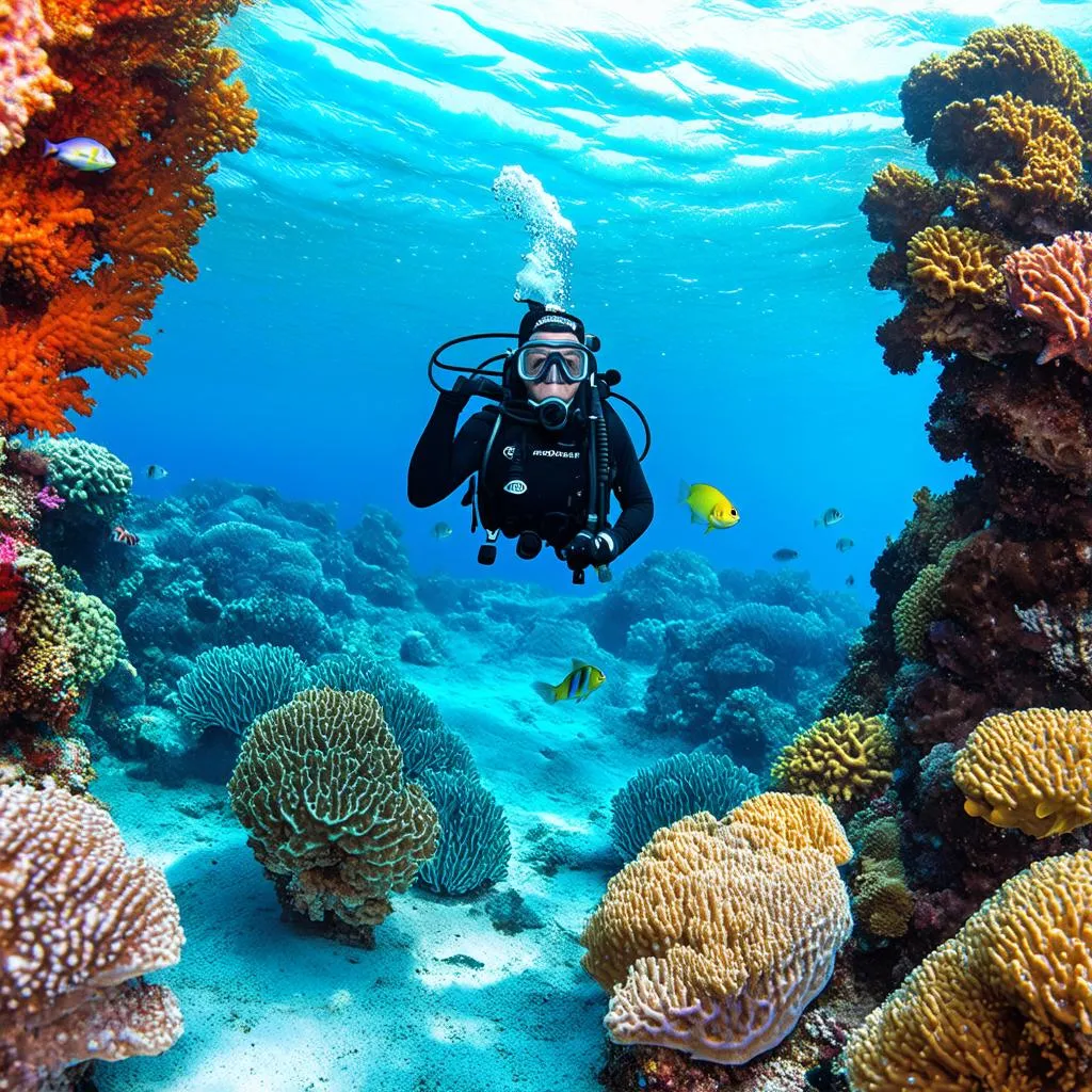 Scuba Diver Exploring Coral Reef