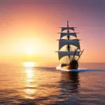 Ship Sailing East at Sunset