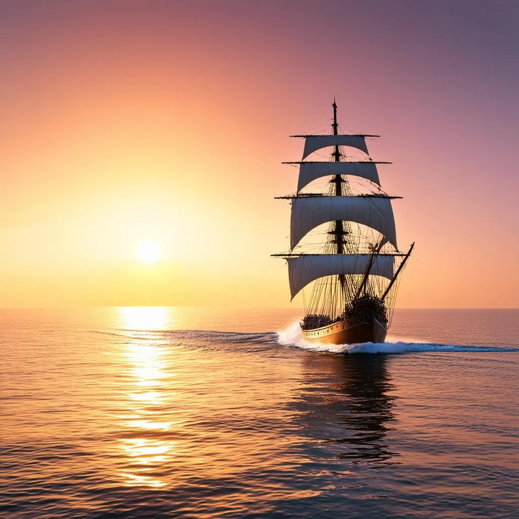 Ship Sailing East at Sunset