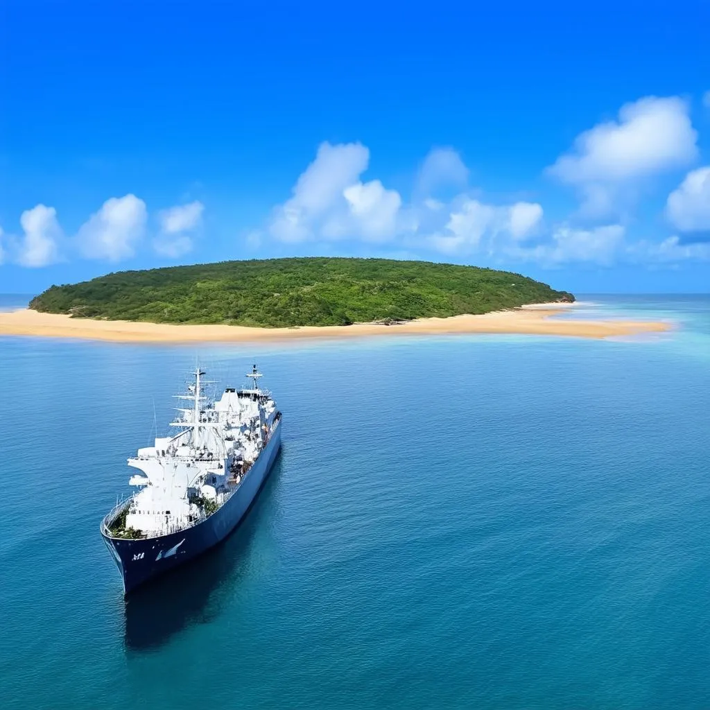 Ship Sailing Towards Island