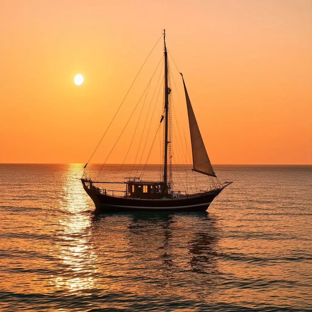 A ship sailing west at sunset