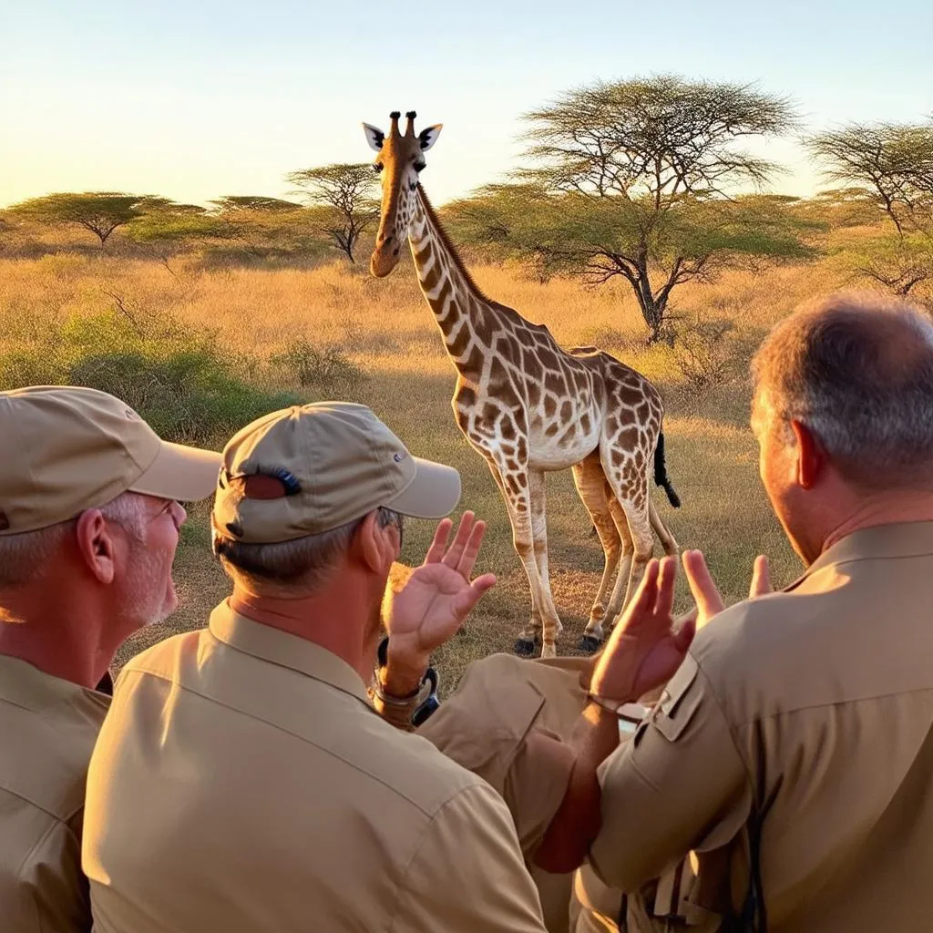 Deaf guide signing about a giraffe on safari