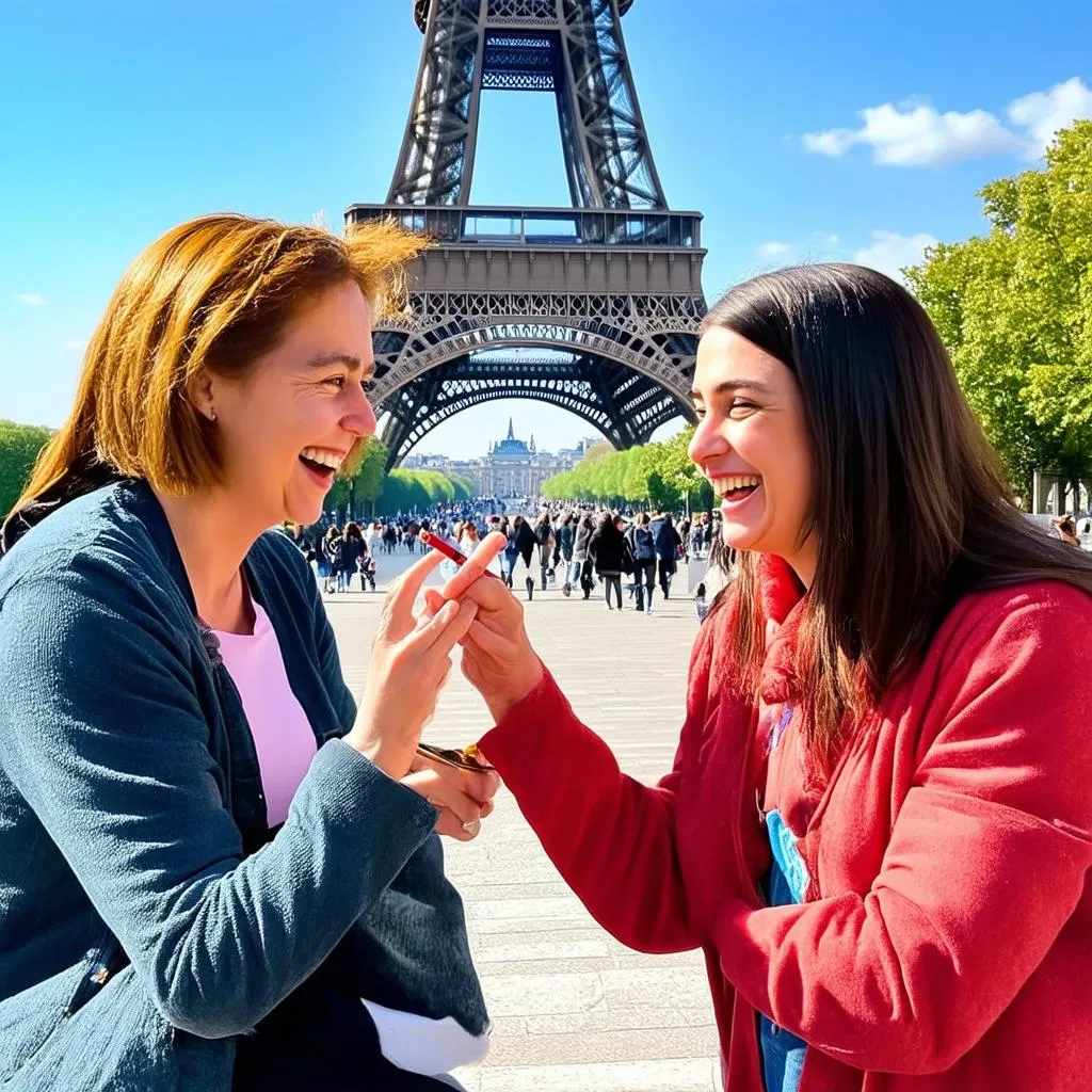 Tourists signing with Eiffel Tower in background