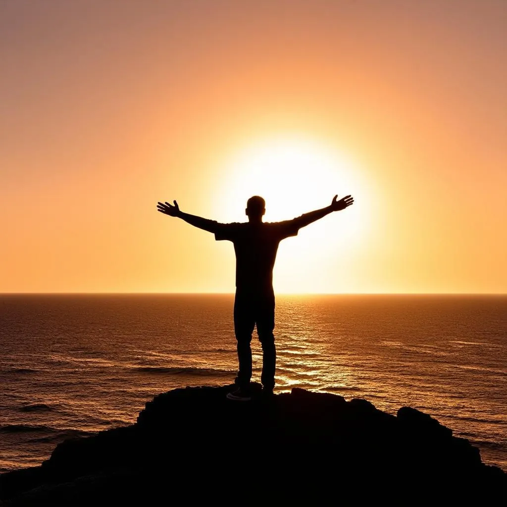 Silhouette of a Person Watching a Sunset Over the Ocean