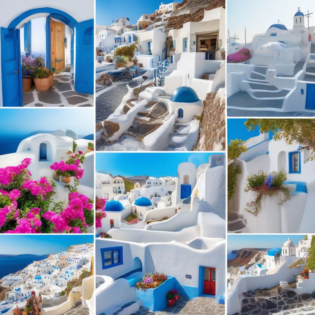 A collage of four travel photos showcasing different destinations: Santorini's white houses with blue roofs overlooking the sea, a bustling European street with cobblestones and flower boxes, a scenic American highway stretching through a desert landscape, and a group of friends posing in front of a landmark.