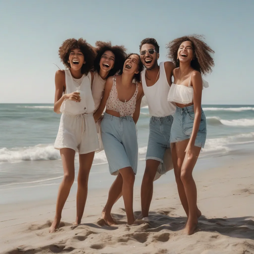 Four friends laughing together on a beach, the ocean and a clear sky in the background.