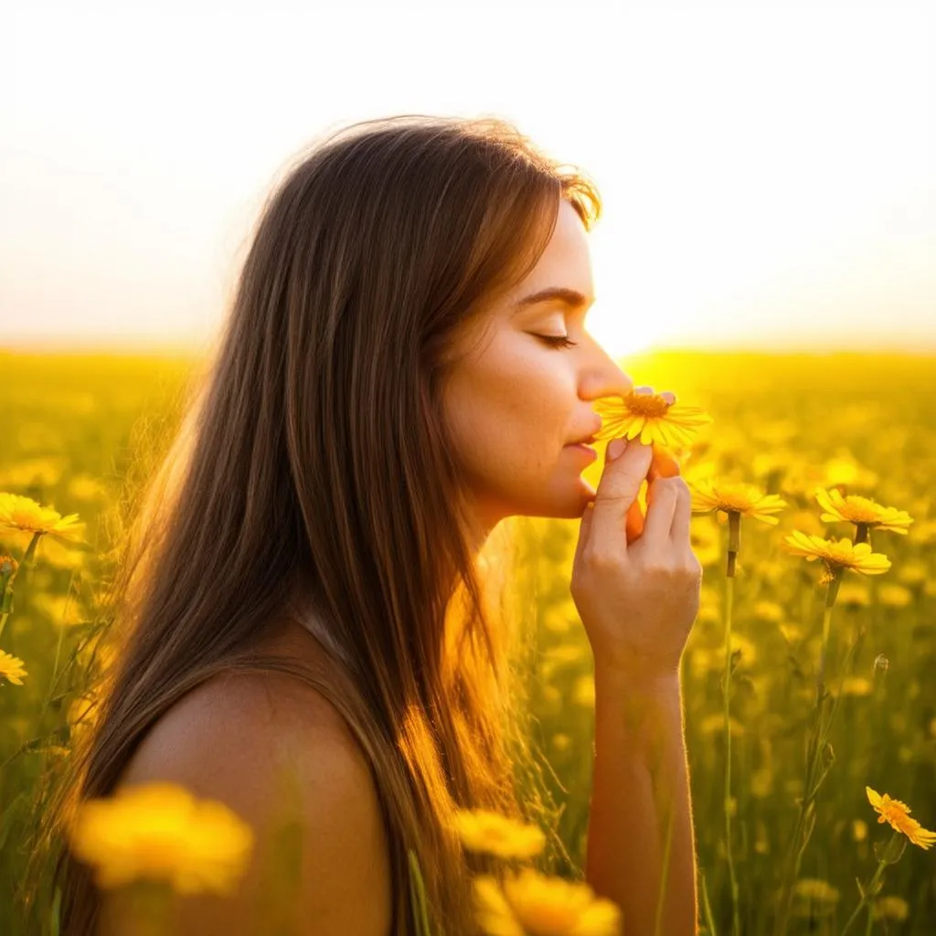 Woman Smelling Flowers