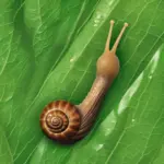 A snail slowly making its way across a bright green leaf.