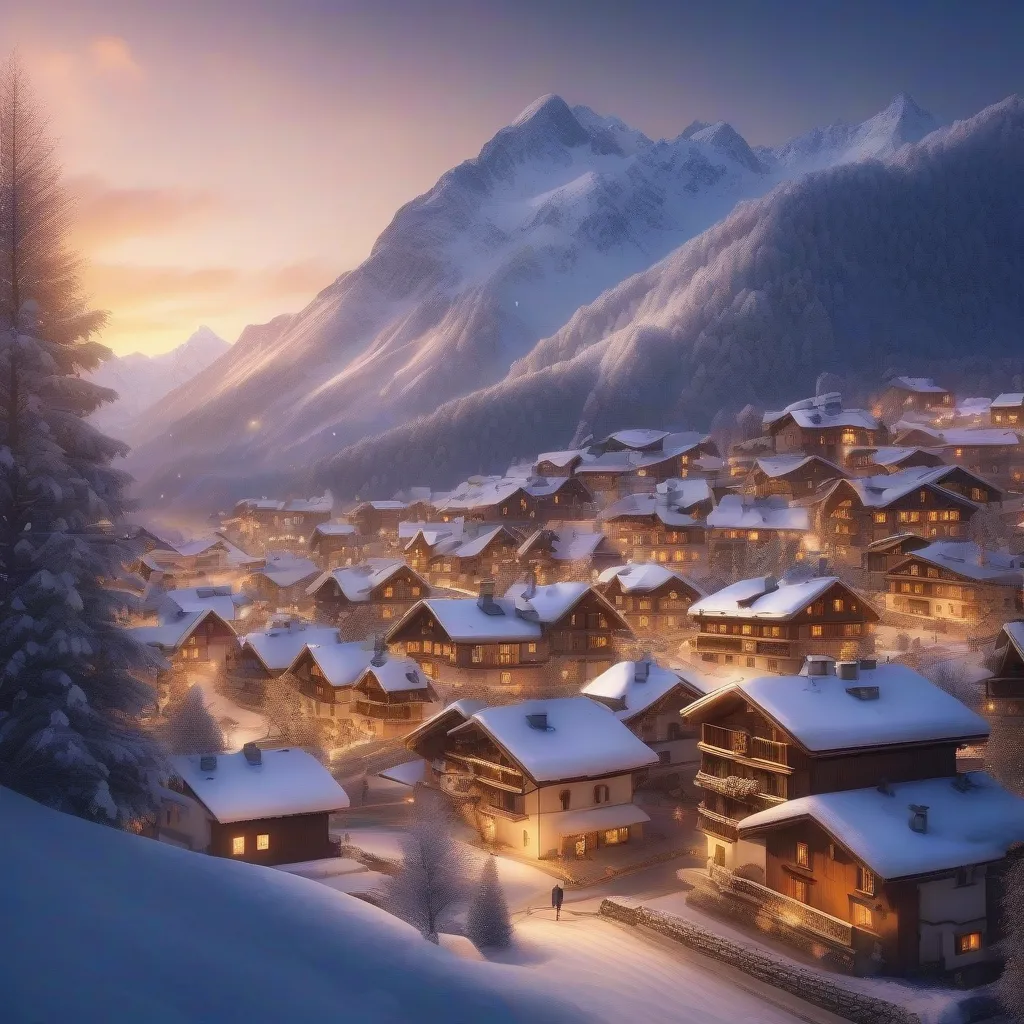 Snow Covered Mountain Range with Alpine Village