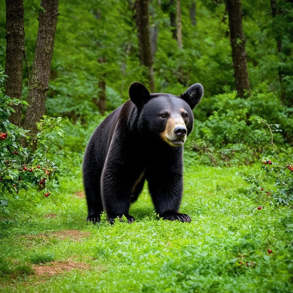 A lone black bear foraging for food in a dense forest