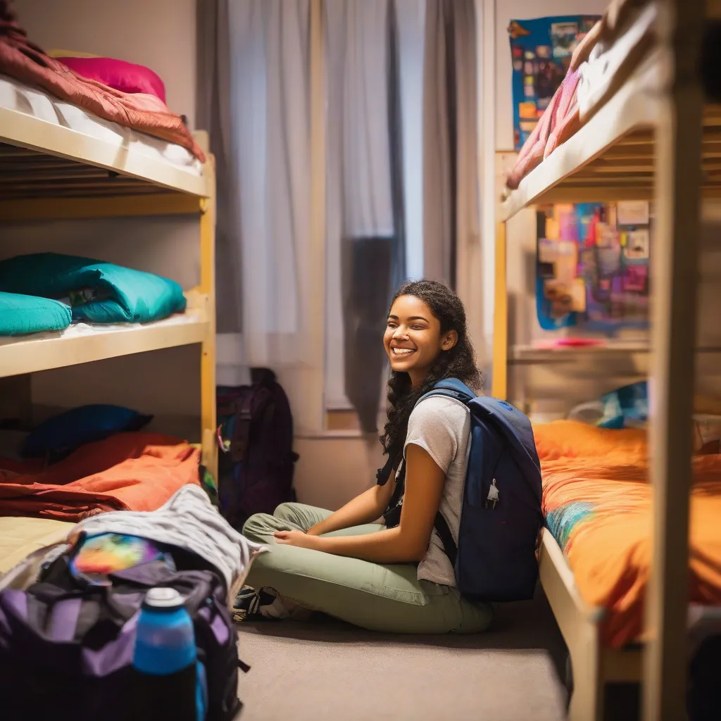 Smiling solo female traveler unpacking her backpack in a hostel dorm