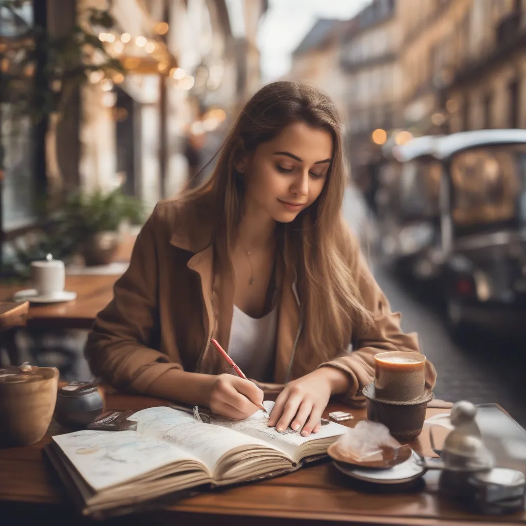 Solo Female Traveler Journaling in a Cafe