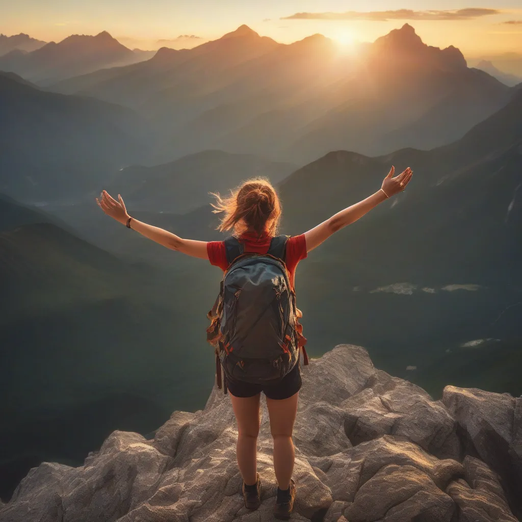 A solo female traveler stands on a mountain peak, gazing out at a breathtaking view.