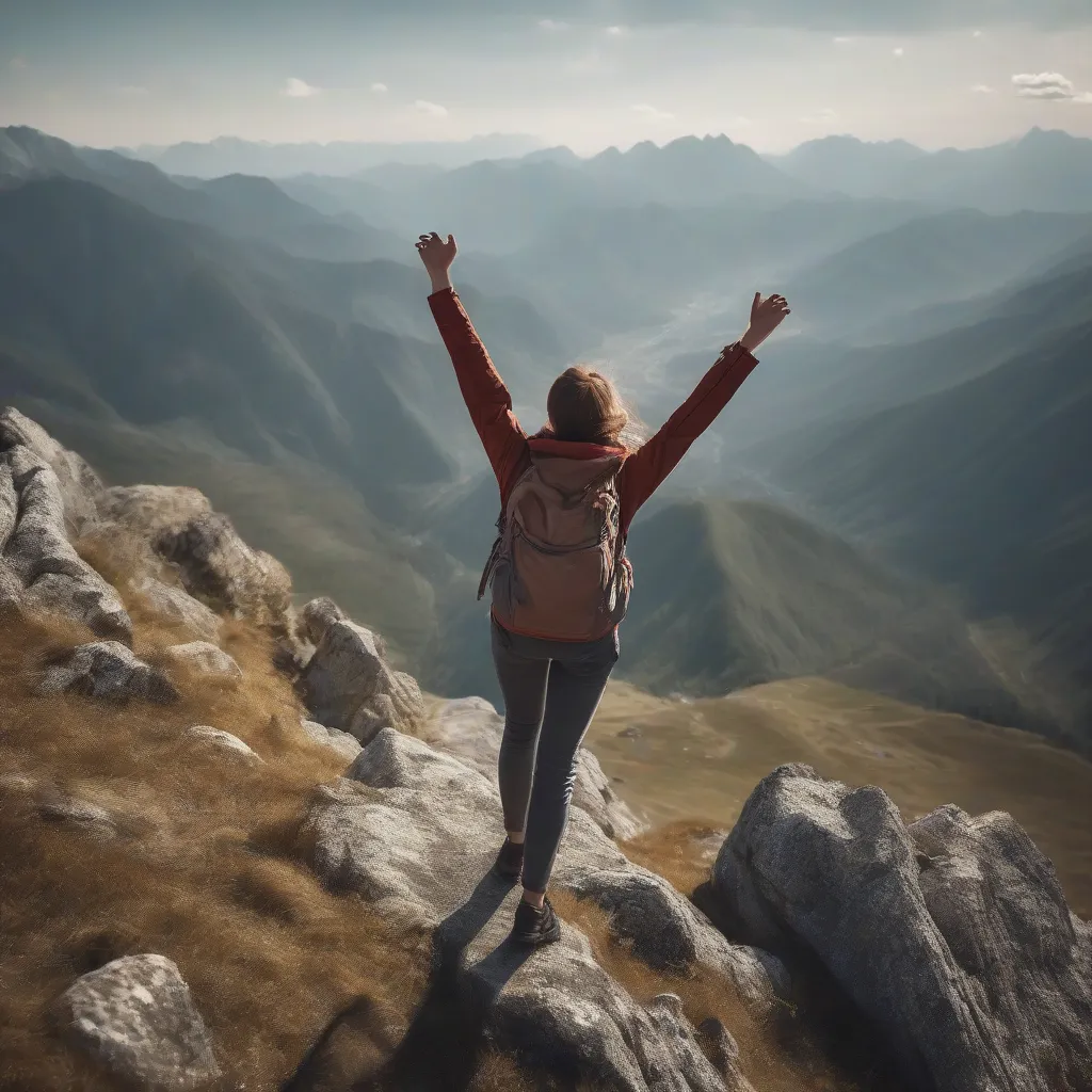 Solo Female Traveler Embracing the View from a Mountain Top