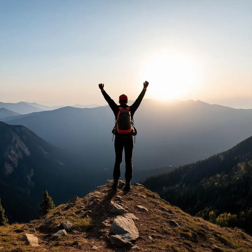 Solo Traveler Conquering a Mountain