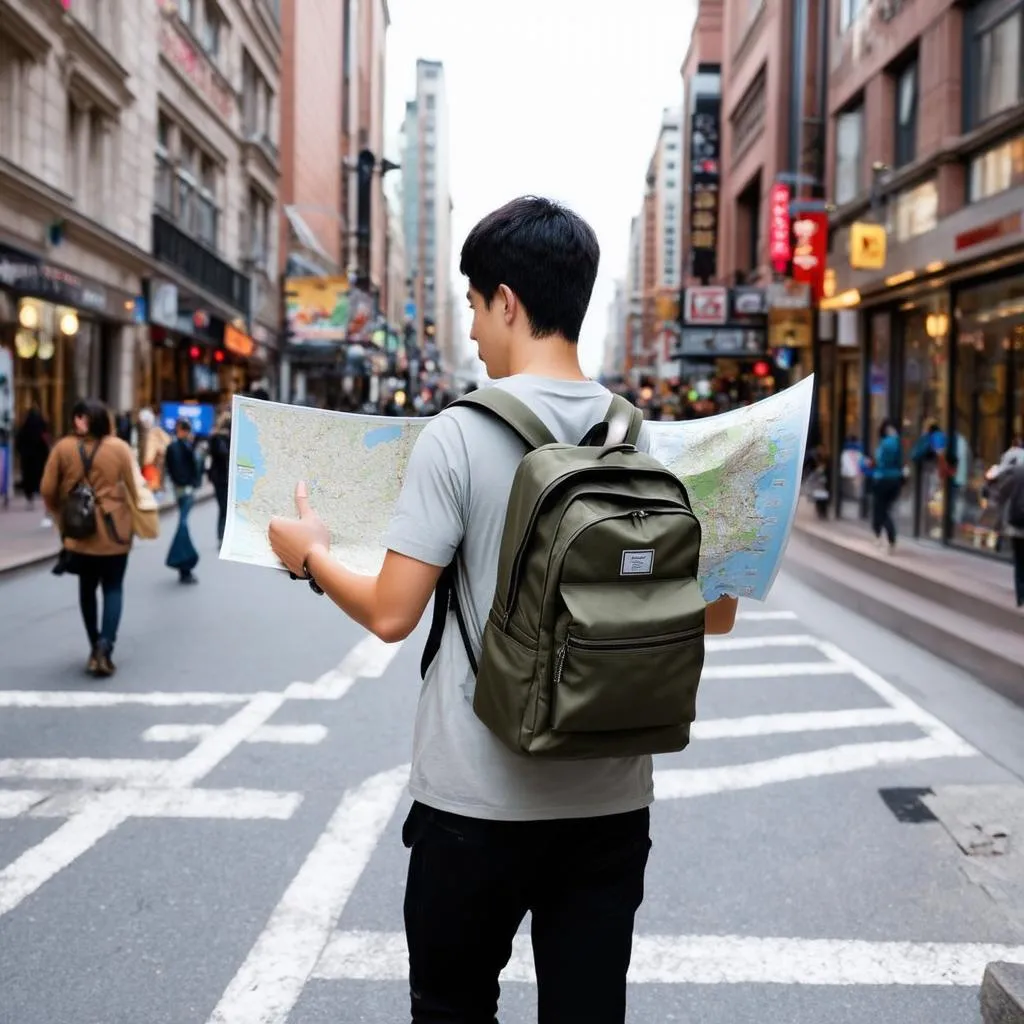 Solo traveler with backpack exploring a new city