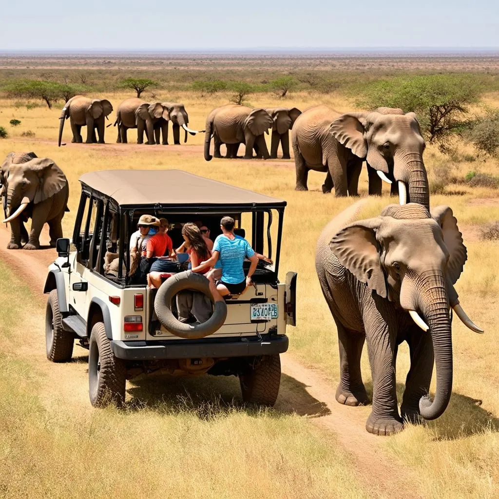 Safari Jeep with Elephants in Background