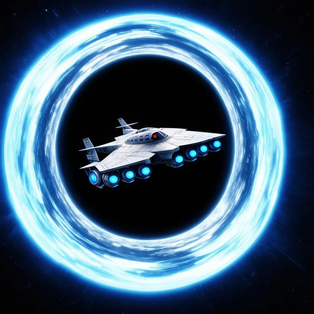 A futuristic spaceship travels at high speed through a wormhole.