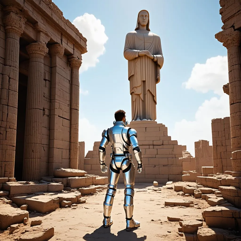 A Spaceman Exploring Ancient Ruins