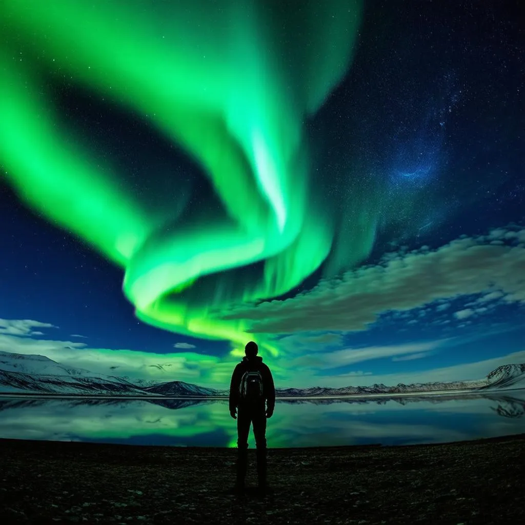 Spaceman Travelling Northern Lights