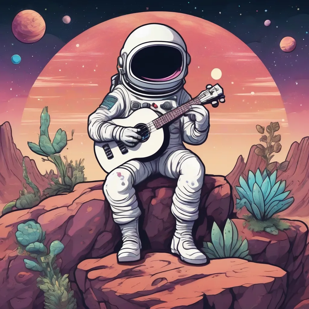 Spaceman Playing Ukulele on a Distant Planet