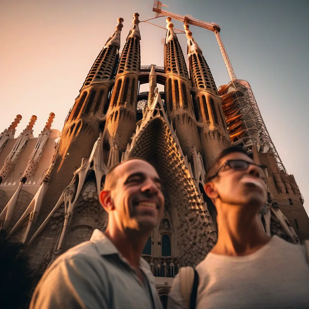 Couple admiring Sagrada Familia in Barcelona