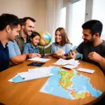 Family preparing travel documents