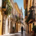 A lone traveler with a backpack walks down a sun-drenched street in Seville, Spain, surrounded by colorful buildings with wrought iron balconies.